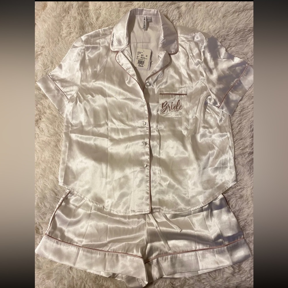 NWT NEW Davids Bridal White Gold Satin 2 Pc Pajama Short Set Bride LARGE